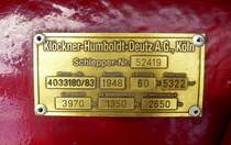 Klckner Humbold Deutz KHD, Typenschild an einem Oldtimer-Schlepper von 1948, Juni 2015