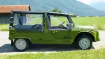 Citroën Méhari, aufgenommen am 6.06.2015

Seine Kunststoff Karosserie kann nicht rosten. Der Rest aber schon.
Daher wird der Méhari nur im Sommer und möglichst nicht bei Regen bewegt.