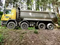 ACTROS-4144, nach seiner Entleerung auf einem ansteigenden Waldweg; 150529