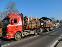 SCANIA-Hängerzug; wickelt einen Rundholztransport auf der B124 ab;150319