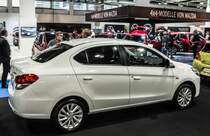 Mitsubishi Attrage (Rückansicht). Foto: Auto Zürich, November 2015