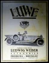 LUWE, Firmenschild der Auto-und Motorradmanufaktur Ludwig Weber in Freiburg/Breisgau, bestand von 1921-28, Feb.2016
