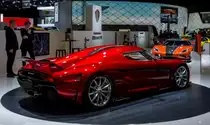 Koenigsegg Regera (Rückansicht), fotografiert auf dem Autosalon Genf 2016.