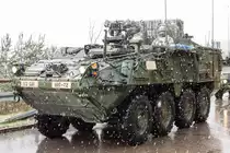 M1133 Stryker MEV (Medical Evacuation Vehicle, Sanitätsfahrzeug) des 1/2CAV 1st Squadron, 2nd Cavalry Regiment   War Eagle  (HHT  Mustangs )  der U.S.ARMY. Konnte ich zwischen dem Gewerbegebiet Theuern und Ensdorf, am 01.April 2015 fotografieren.