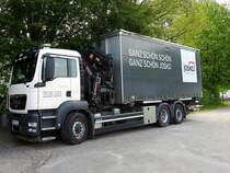 MAN TGS26-400 mit Wechseltransportauflieger sowie Hydraulikkran für Fenstermontagetrupp; 160515