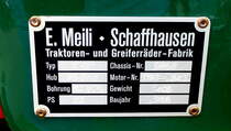 E.Meilli, Firmemschild an einem Oldtimer-Traktor von 1955, die Firma in Schaffhausen/Schweiz bestand von den 1930er bis in die 1960er Jahre, Sept.2016