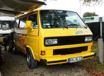 =VW T3 eines Teilehändlers, gesehen bei dem Veterama 2016 in Mannheim, Juli 2016