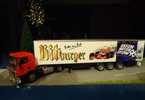 HERPA 1:87-TRUCK-
hier mit Herpa-SCANIA-Zugmaschine und seltenem BITBURGER-Auflieger-am 19.1.17
