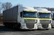 =2 DAF XF aus Bulgarien rasten im Februar 2017 auf dem Autohof Fulda-Nord