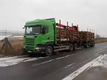 SCANIA Hängerzug,mit geschlagenden Holz,am 07.Februar 2017,in Ribnitz Damgarten.