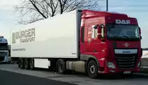 =DAF XF - Sattelzug von  BÜRGER Transport  steht auf einem Rastplatz an der A 3 im März 2017