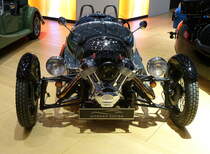 Morgan 3 Wheeler, britischer Roadster mit 2-Zyl.-V-Motor, 1983ccm und 82PS, Vmax.185Km/h, Autosalon Genf, Mrz 2017