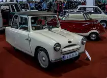 Mochet CM-125Y Berline (französischer Microauto mit einem 1 Zylinder 5Ps Motor und 2,64M Länge), gesehen auf der Automobil und Tuning Show, März 2017
