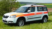 =Skoda Yeti der DRK-Rettungs- und Sozialdienste Starkenburg GmbH, gesehen auf dem Parkplatz der RettMobil Fulda, Mai 2017