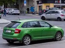 Skoda Rapid Spaceback in Rallye Grün am 21.04.2017.