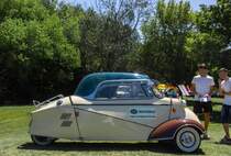 Seitenansicht: Messerschmitt Kabinenroller. Das Auto wurde auf der XII. Lotus Retro Mobil Concours d´Elegance im Urpark des Lotus Hotels ausgestellt , Juni, 2017.