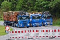  Auf einer wegen Filmaufnahmen gesperrten Strecke standen diese 3 Laster zum Fotografieren in Position. 2 Scania Holztransporter und ein Daf mit Tieflader.  17.06.2017