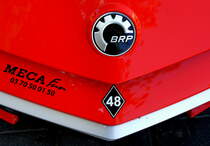 BRP, Logo und Schriftzug an der Front eines Trikes der Firma aus Kanada, Mai 2017