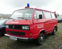 =VW T3 Synchro der Feuerwehr ELFERSHAUSEN, gesehen auf dem Parkplatz bei der RettMobil 2017 in Fulda - Mai 2017