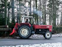 STEYR1090 zieht zwei geschl�gerte Fichtenst�mme aus dem Wald; 090117