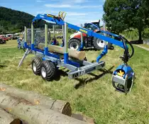 Binderberger FK6700, l�ngenverstellbarer Anh�nger mit Tandemachse und Ladekran zum Langholztransport aus �sterreich, Schleppertreffen Glottertal, Juli 2017