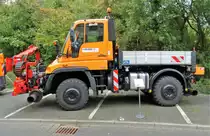 HEAG mobilo Mercedes Benz Zweiwege Unimog mit Mähvorsatz am 07.10.17 in Darmstadt beim Tag der offenen Tür