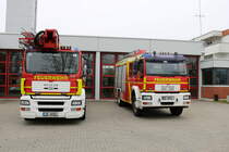 Feuerwehr Langen (Hessen) MAN TGA Teleskopmast MX 32 (Florian Langen 1/38) und MAN HLF 20/16 (Florian Langen 1/46) am 17.02.18 bei einen Fototermin fotografiert