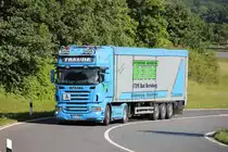 Scania R560 V8 Topline von Treude Entsorgung auf der Ausfahrt der A44 in Breuna von Kassel kommend. 23.07.2012