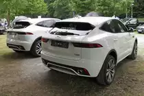 Jaguar  kleines  SUV, der neue E-Pace, hat trotz des  E  im Namen keinen Elektroantrieb, sondern einen Dieselmotor...
Autoschau in Krefeld an der Rennbahn, 24.6.18