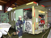 Ein Flugfeldlöschfahrzeug Magirus Tender Universal II Anfang Juni 2018 im Verteidigungs- und Garnisonsmuseum Aalborg.