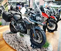 Triumph Tiger 1200 XCA. Dreizylinder Motor mit 1215ccm; 141PS bei 7600U/min. Foto: Berliner Motorrad Tage, BMT, 08.02.2019