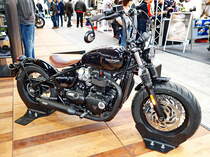 Triumph Bonneville Bobber Black. 1200ccm. 77PS bei 6100U/min. Foto: Berliner Motorrad Tage, BMT, 08.02.2019