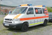 VW T4 vom DRK Bereitschaft HÜNXE, abgestellt auf dem Besucherparkplatz der Rettmobil 2019 in Fulda, 05-2019