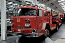 American LaFrance Tractor Drawn Aerial (100ft-Drehleiter, Baujahr 1970) im Isle of Man Motor Museum Jurby am 01.05.2018.