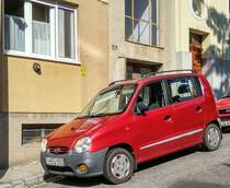 Roter Hyundai Atos (i10 Vorgänger), fotografiert in Sommer, 2019 (Pécs, HU).