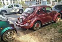 Rückansicht: VW Käfer, gesehen in Pécs (HU), August 2019.