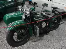 Eine alte Harley mit Beiwagen Anfang September 2019 im Historama Ferlach.