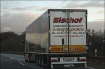 BISCHOF Lebensmittellogistik aus Feldkirch/Voralberg. BISCHOF hat sich auf den K�hlverkehr in alle Westeurop�ischen L�nder spezialisiert. Zugmaschine ist ein VOLVO FH III 480PS Euro5.