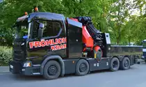 Die Fa. Fröhlich Bau Kran und Baustellenlogistik mit einem neuem gewaltigen SCANIA S? mit einem PALFINGER PK 135.002TEC7 Ladekran am 21.05.19 Berlin Marzahn.