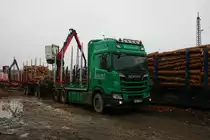 Scania Holztransporter am 02.01.20 in Hanau an einen zugänglichen Gelände 