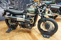 Triumph Street Scrambler. Flüssigkeitsgekühlter 8V-Zweizylinder-SOHC-Reihenmotor mit 900ccm. 65PS (47,8kW) bei 7500U/min. Foto: BMT (Berliner Motorrad Tage) Febr. 2020