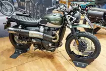 Triumph Street Scrambler. Flüssigkeitsgekühlter 8V-Zweizylinder-SOHC-Reihenmotor mit 900ccm. 65PS (47,8kW) bei 7500U/min. Foto: BMT (Berliner Motorrad Tage) Febr. 2020