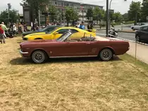 Ford Mustang 1 Convertible aus dem Modelljahr 1966. Dieser im Farbton embergio lackierte Convertible hat einen V8-Motor mit einem Hubraum von 289 cui (4735 cm³) und leistet 210 PS. US-Cartreffen am 21.07.2019 am CentroO.