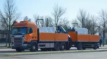 Stranßenunterhaltungsdienst mit einem SCANIA R 490 Pritschen LKW (Selbstlader) + Hänger am 23.03.20 Brandenburg Hbf.