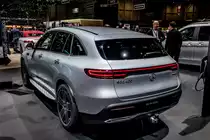 Rückansicht: Mercedes-Benz EQC SUV mit Elektroantrieb. Foto: Autosalon Genf, 2019.