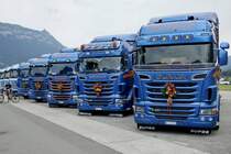 Fünf Scania von Rüegsegger am 25.6.18 beim Trucker Festival Interlaken.