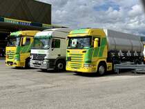 Zwei MB Actros und ein Scania von Thommen + Furler am 3.7.20 in Rüti bei Büren.