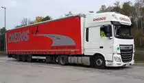 =DAF XF-Sattelzug von CHEDOS steht auf einem Rastplatz an der A 7 im November 2020