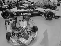 Ein Mach 1 Kart von 2012, dahinter ein BMW-Williams FW 23-Formel 1-Rennwagen. (Auto- und Technikmuseum Sinsheim, Dezember 2014)