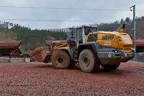 Liebherr 566 Radlader, beim Beladen eines Schüttgutwagens an einer provisorischen Verladestelle nahe Drauffelt. 04.21